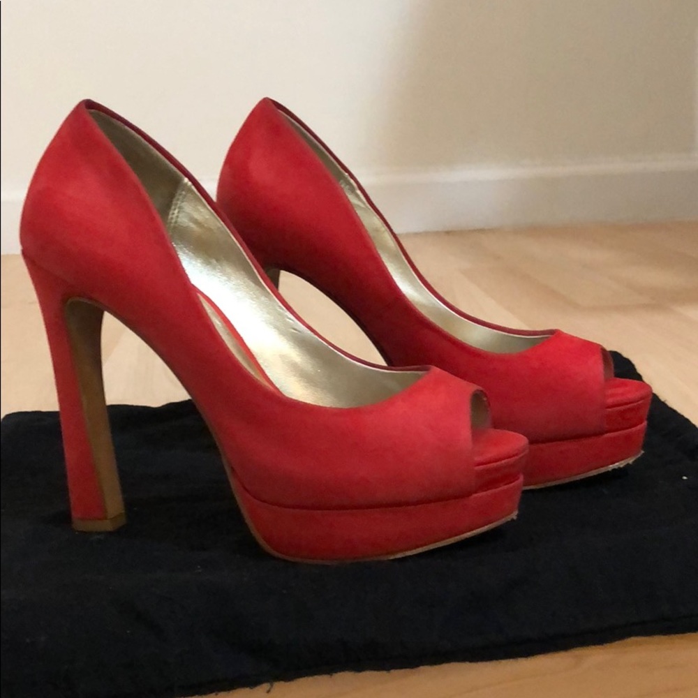 Coral Suede Peep Toes by Pelle Moda
